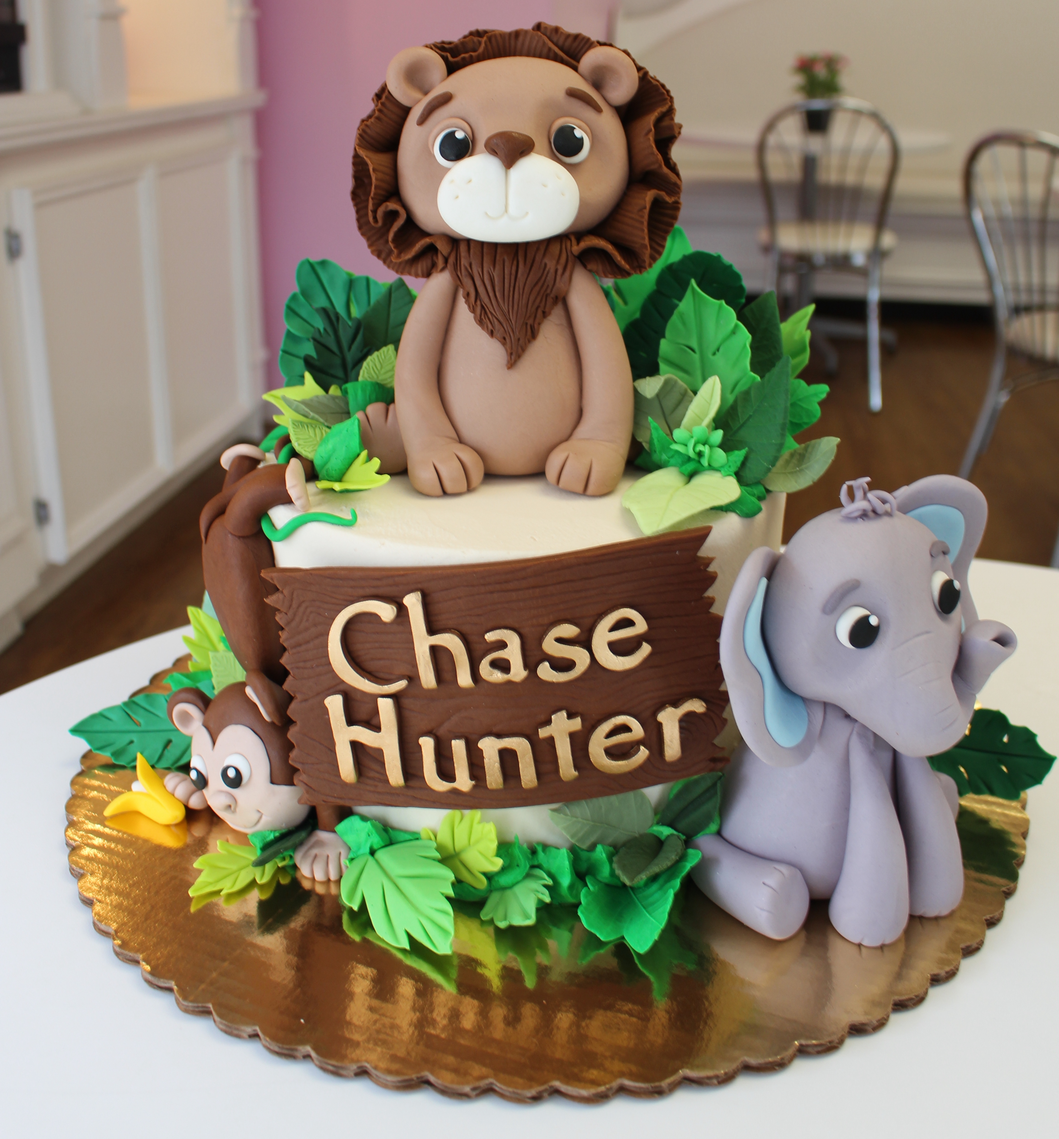 Safari Jungle Theme Cake with Fondant Lion Elephant Monkey and Leaves