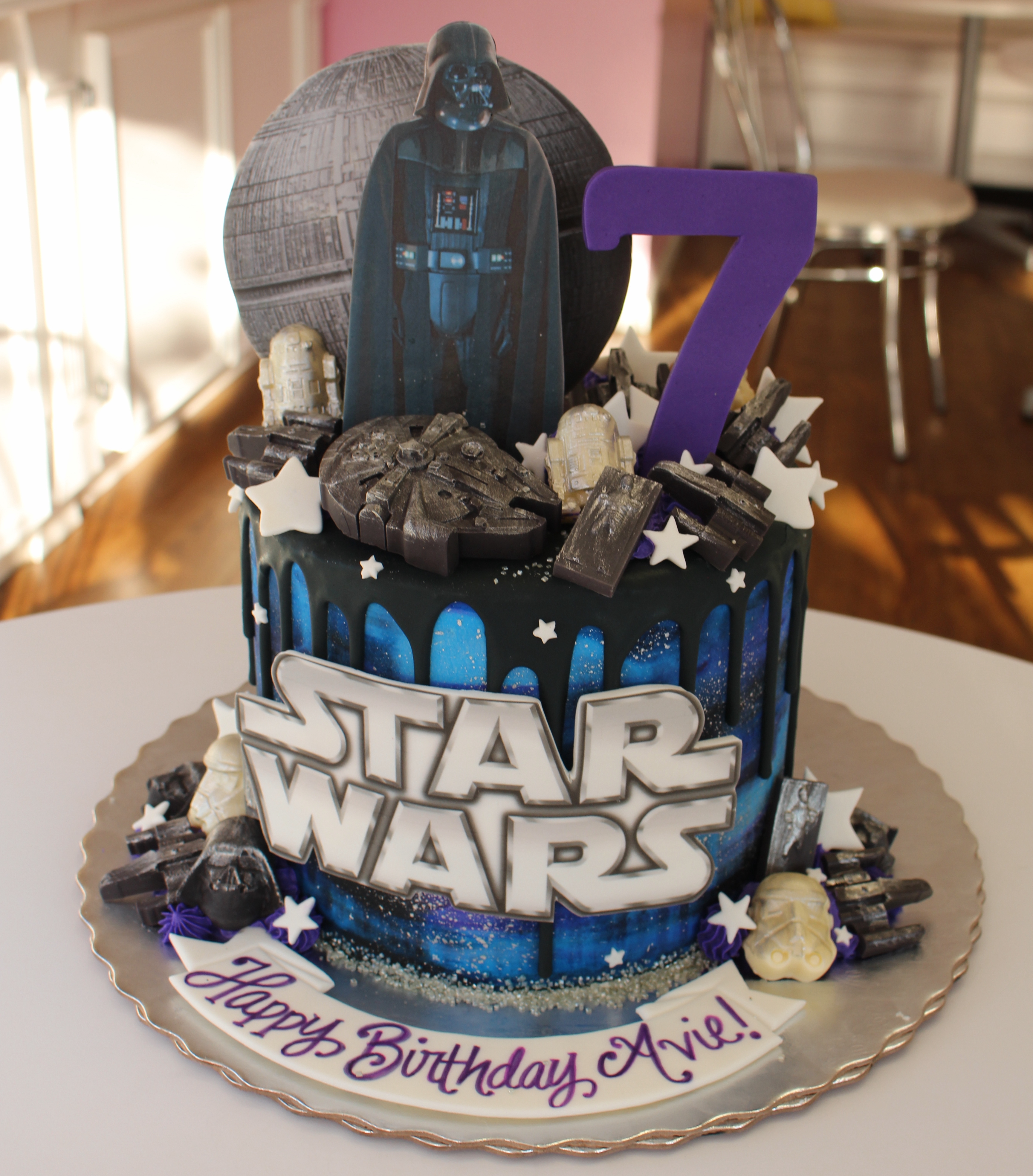 Star Wars Darth Vader Death Star Theme Kids Birthday Drip Cake with Chocolates and Fondant Stars