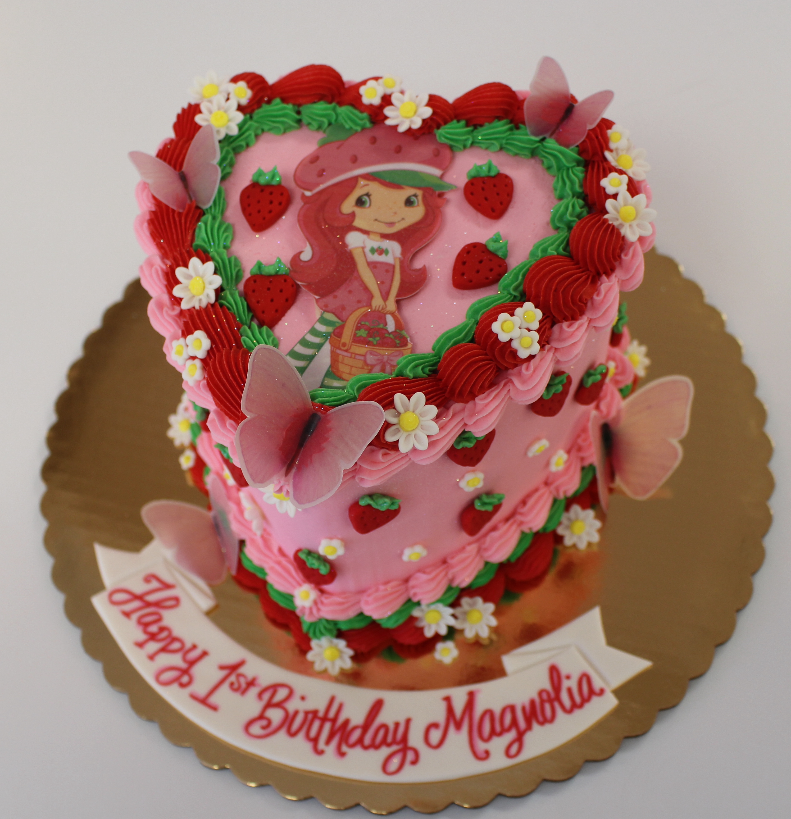 Strawberry Shortcake Themed Hand Piped Vintage Heart Cake with Cute Fondant Strawberries and Flowers