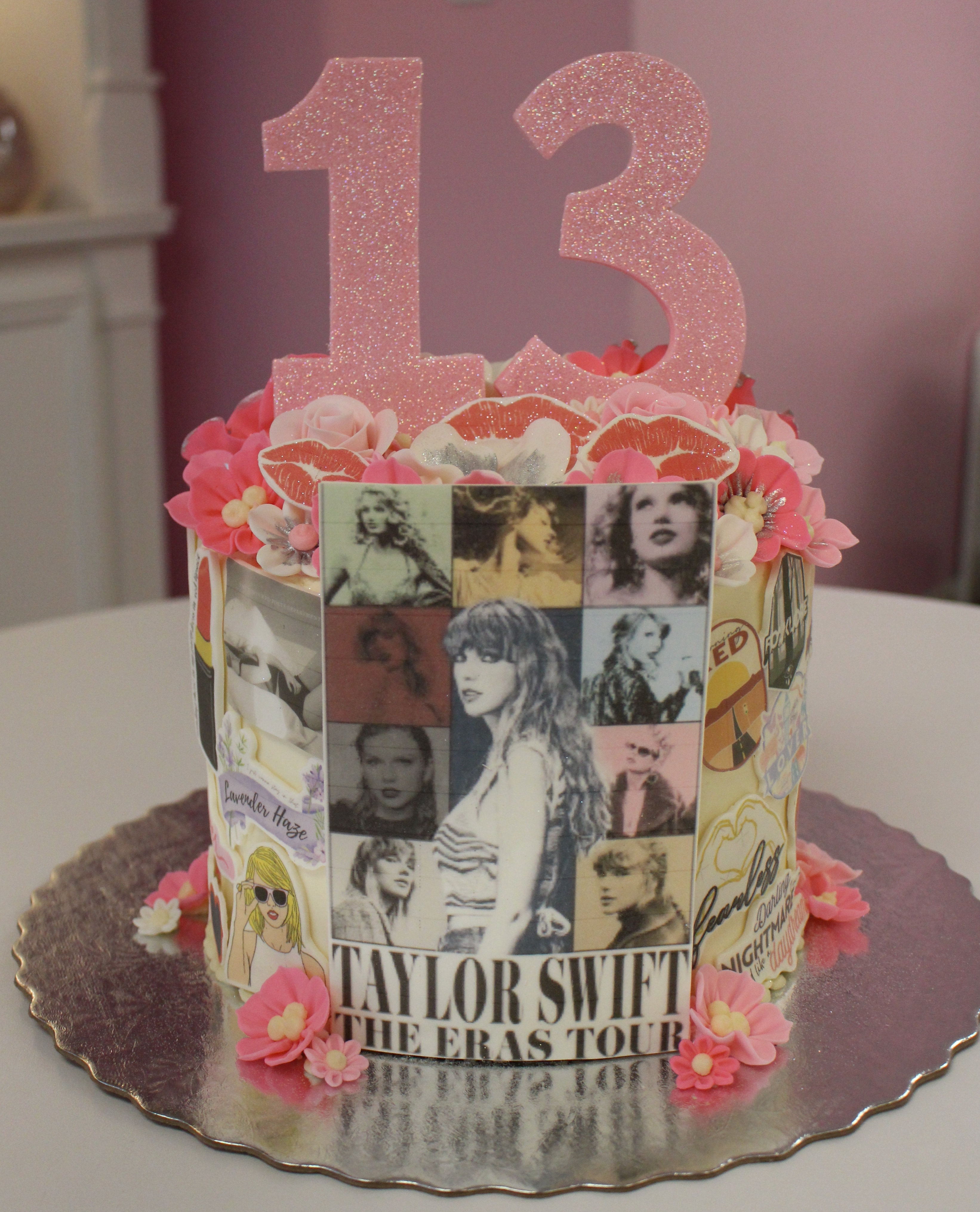 Taylor Swift The Eras Tour Kids Birthday Cake with Fondant Hearts, Flowers, and Lipstick Kisses