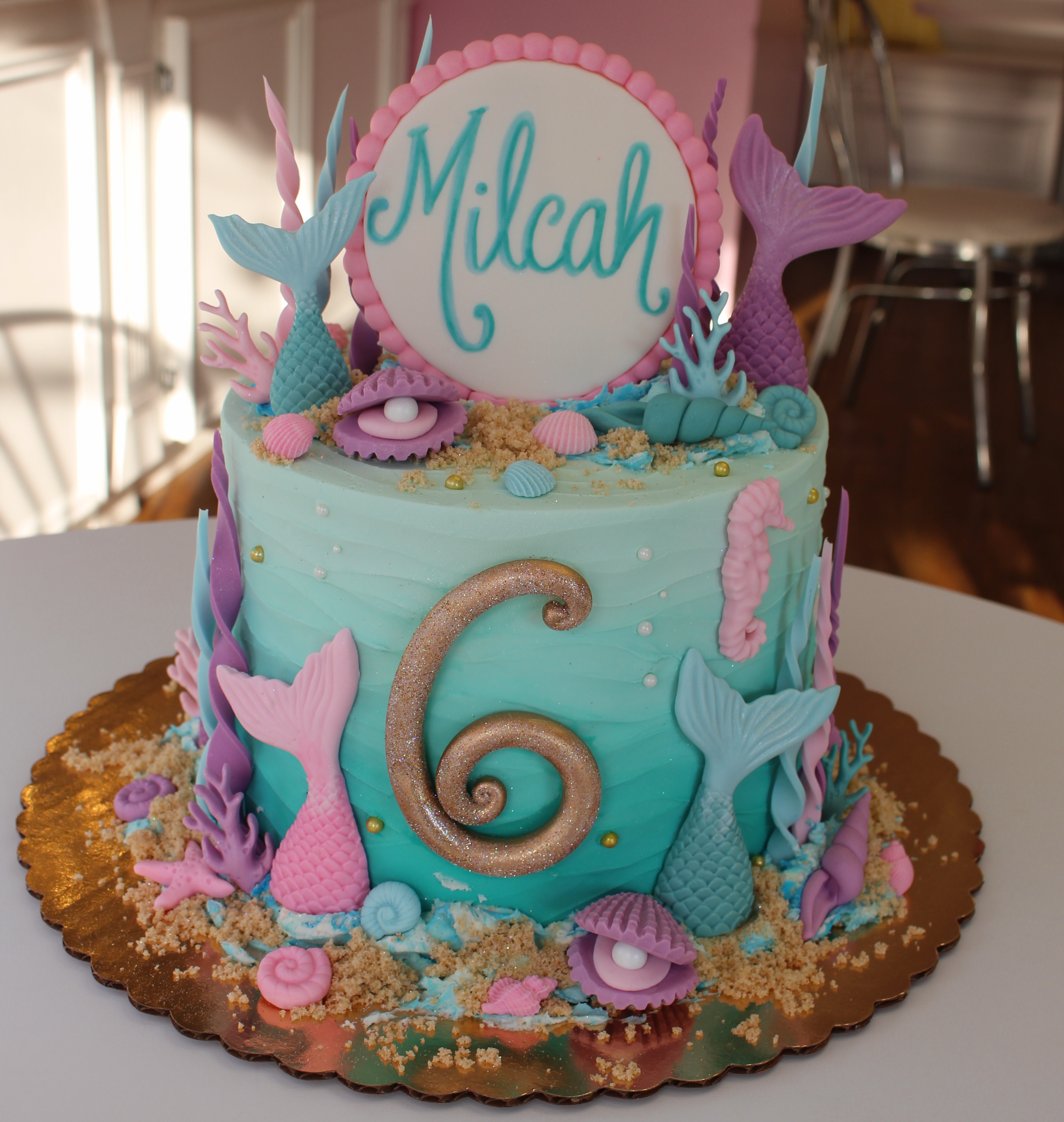 Teal Ombre Mermaid Theme Kids Birthday Cake with Fondant Mermaid Tails Sea Shells and Oysters