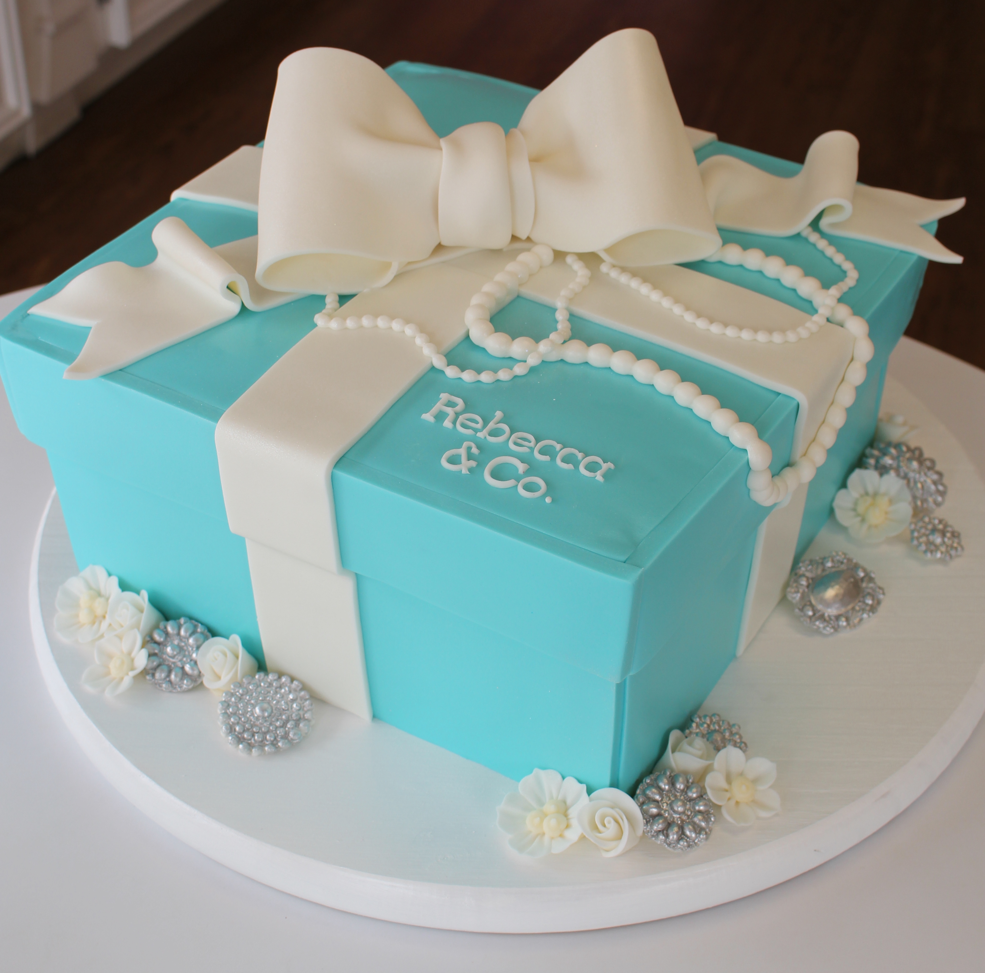 Tiffany Blue Gift Box Shaped Cake with White Fondant Bow and Pearls