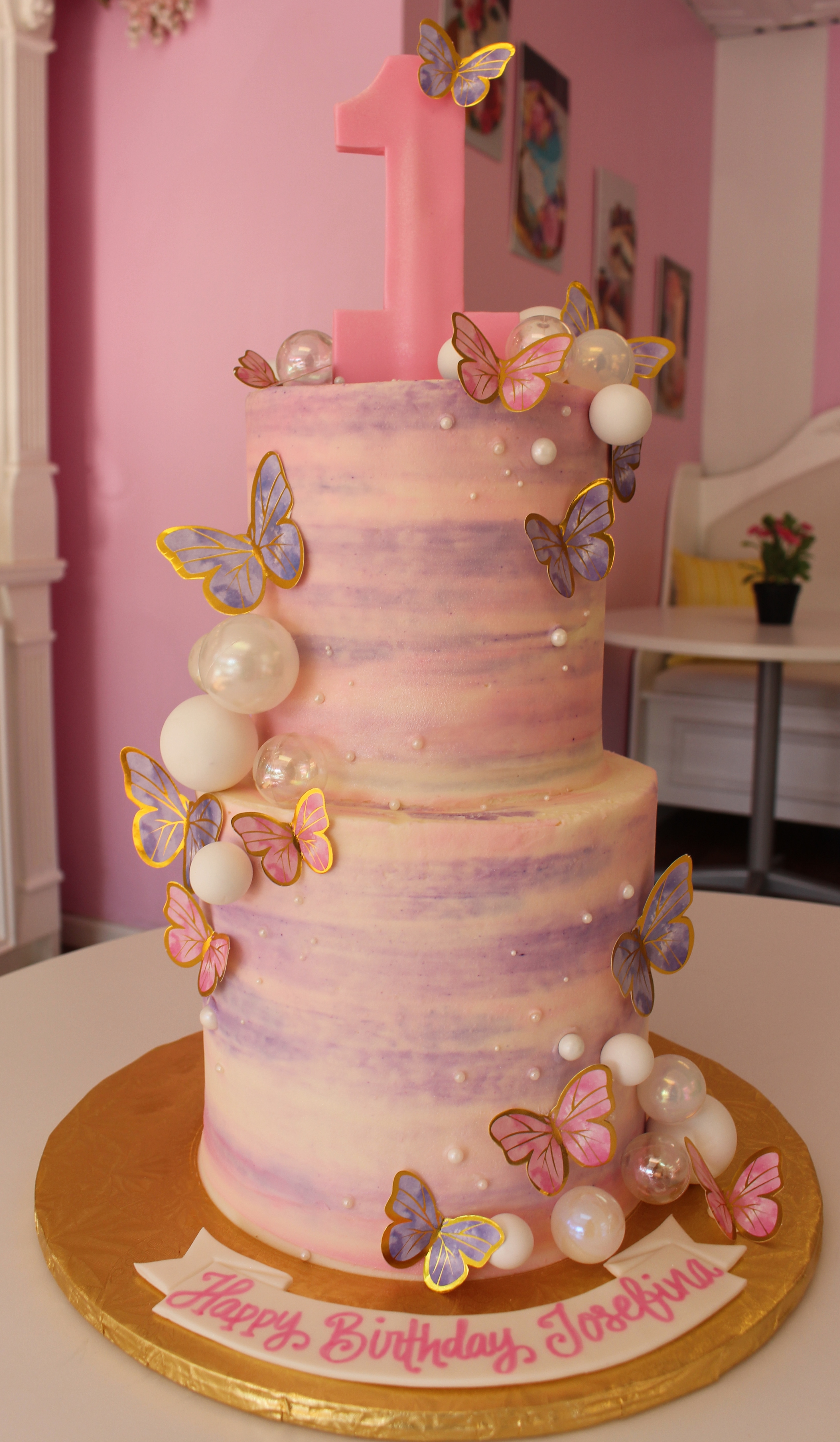 Two Tier Balloons and Butterflies Themed Cake with Watercolor Buttercream and Fondant Number Topper