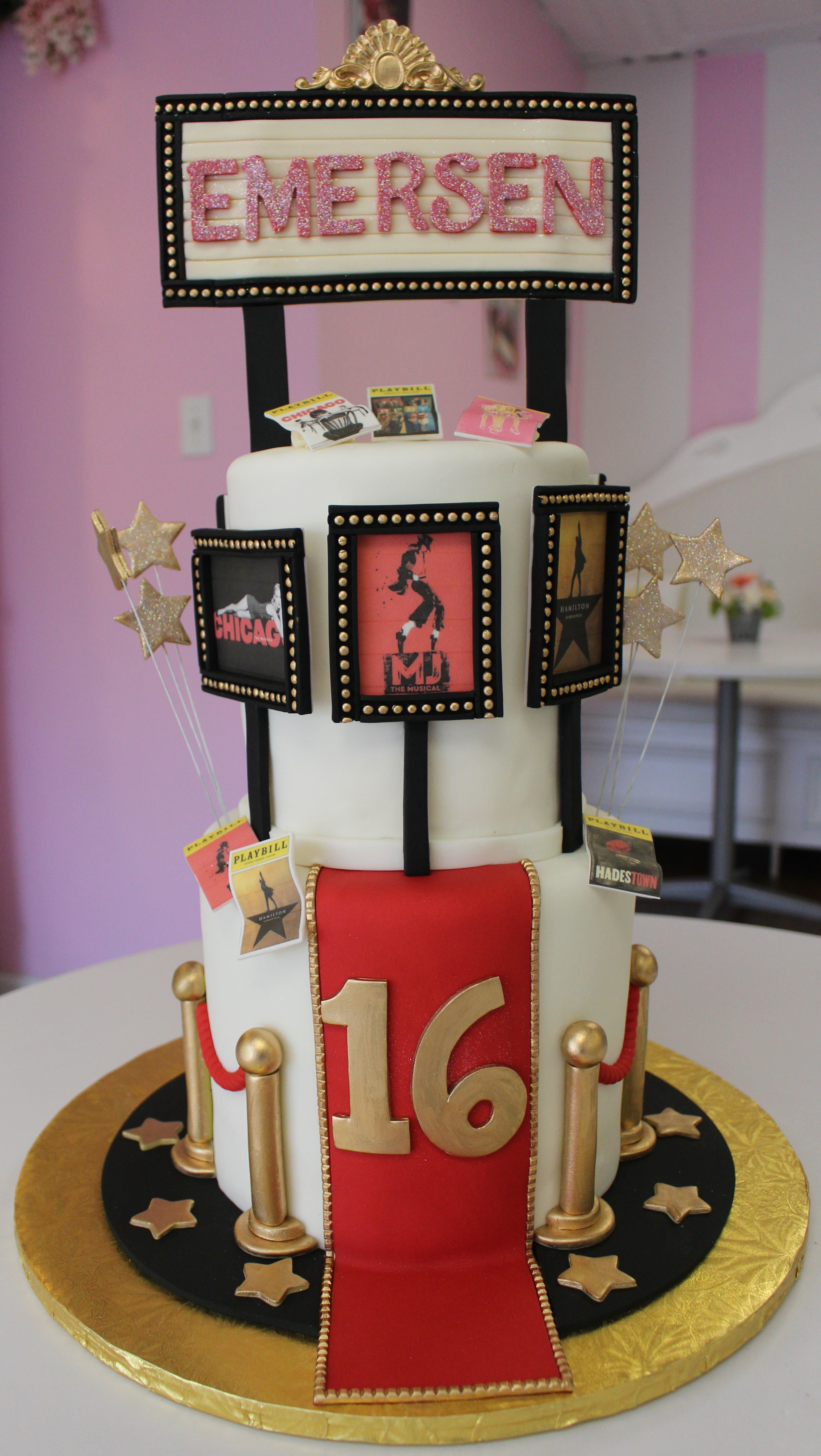 Two Tier Broadway Red Carpet Themed Sweet Sixteen Cake with Fondant Marquee Billboards and Playbills