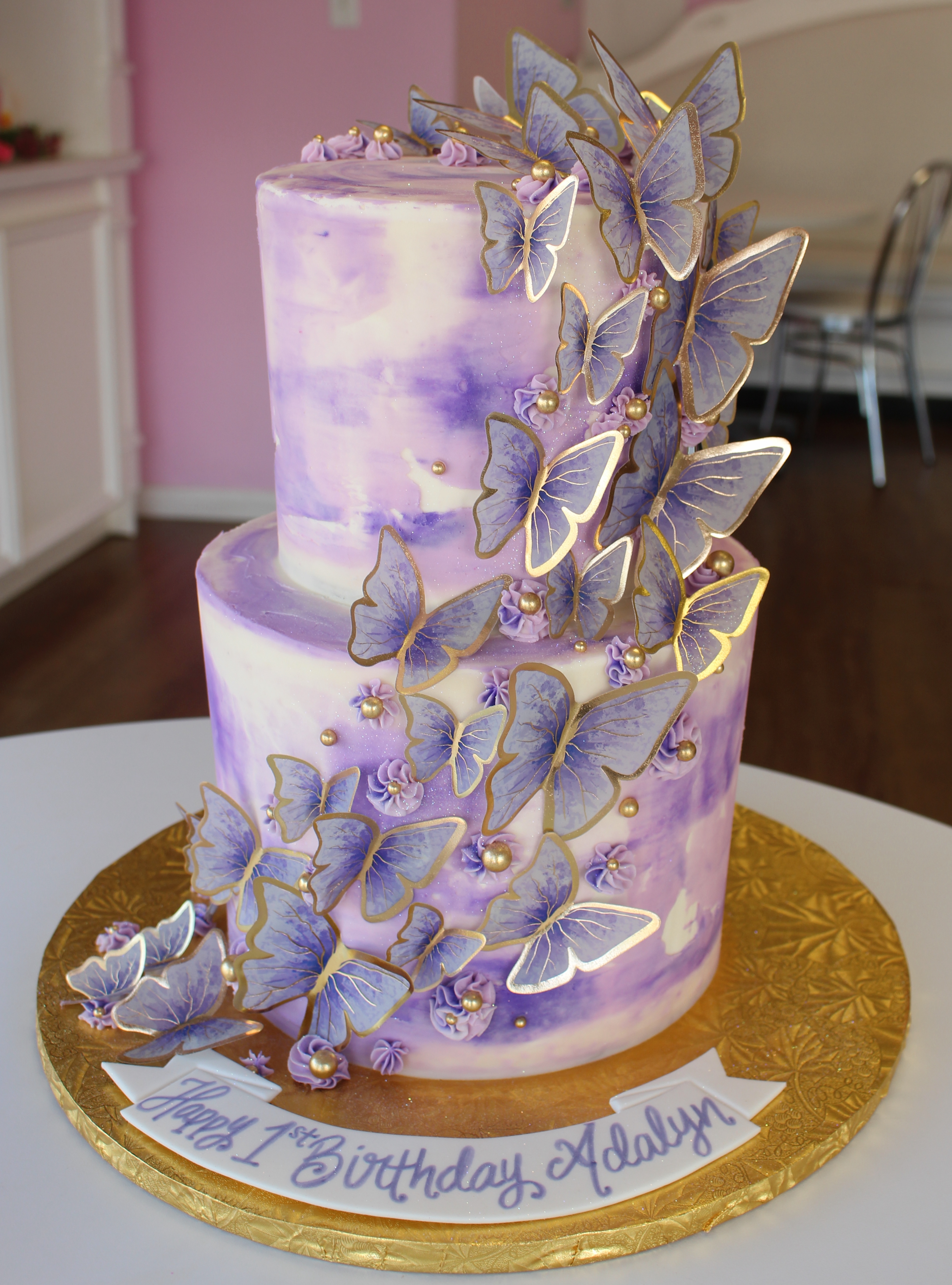 Two Tier Butterfly Cake with Purple Watercolor Buttercream
