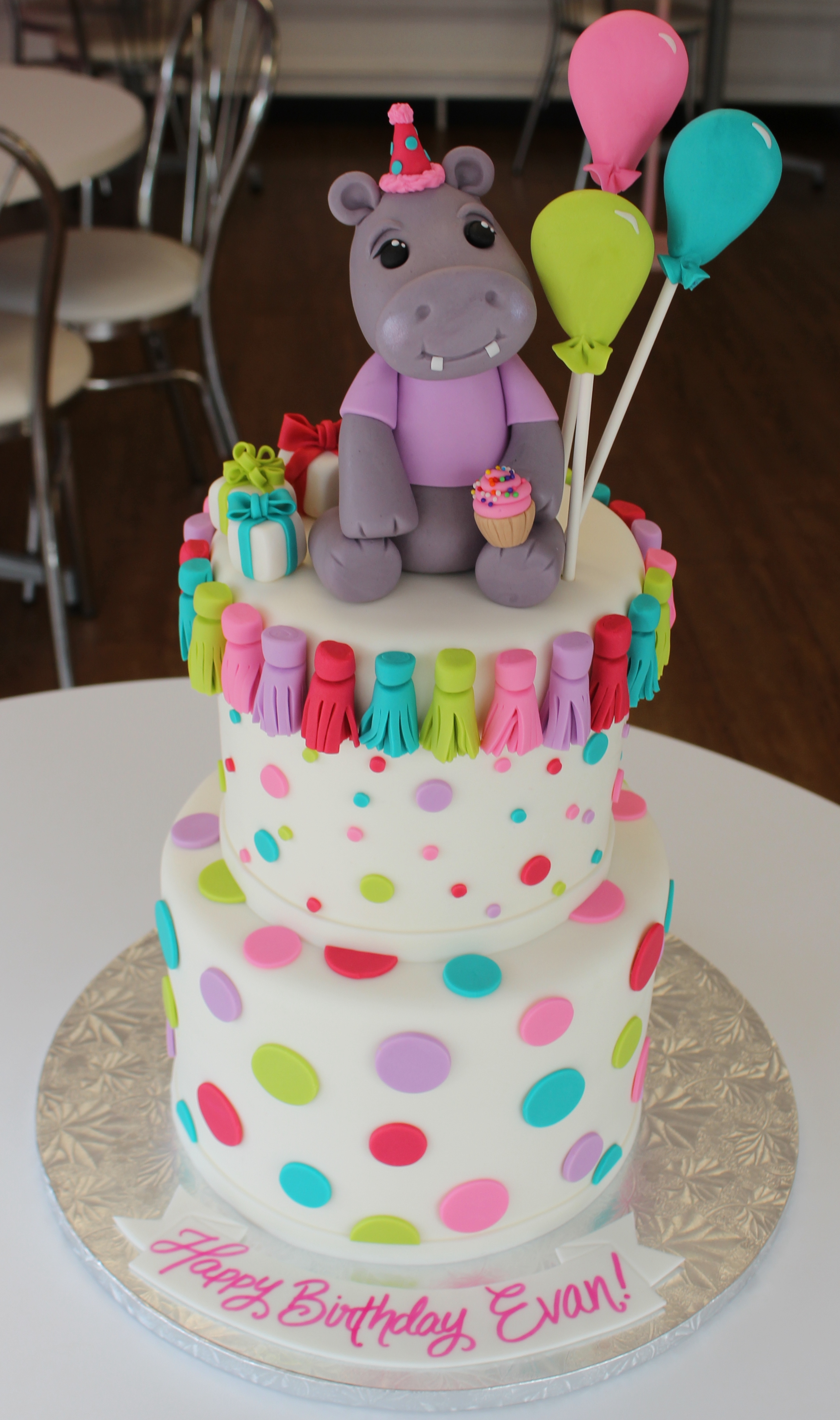 Two Tier Polka Dot Kids Birthday Cake with Cute Fondant Hippo Balloons Presents and Tassles