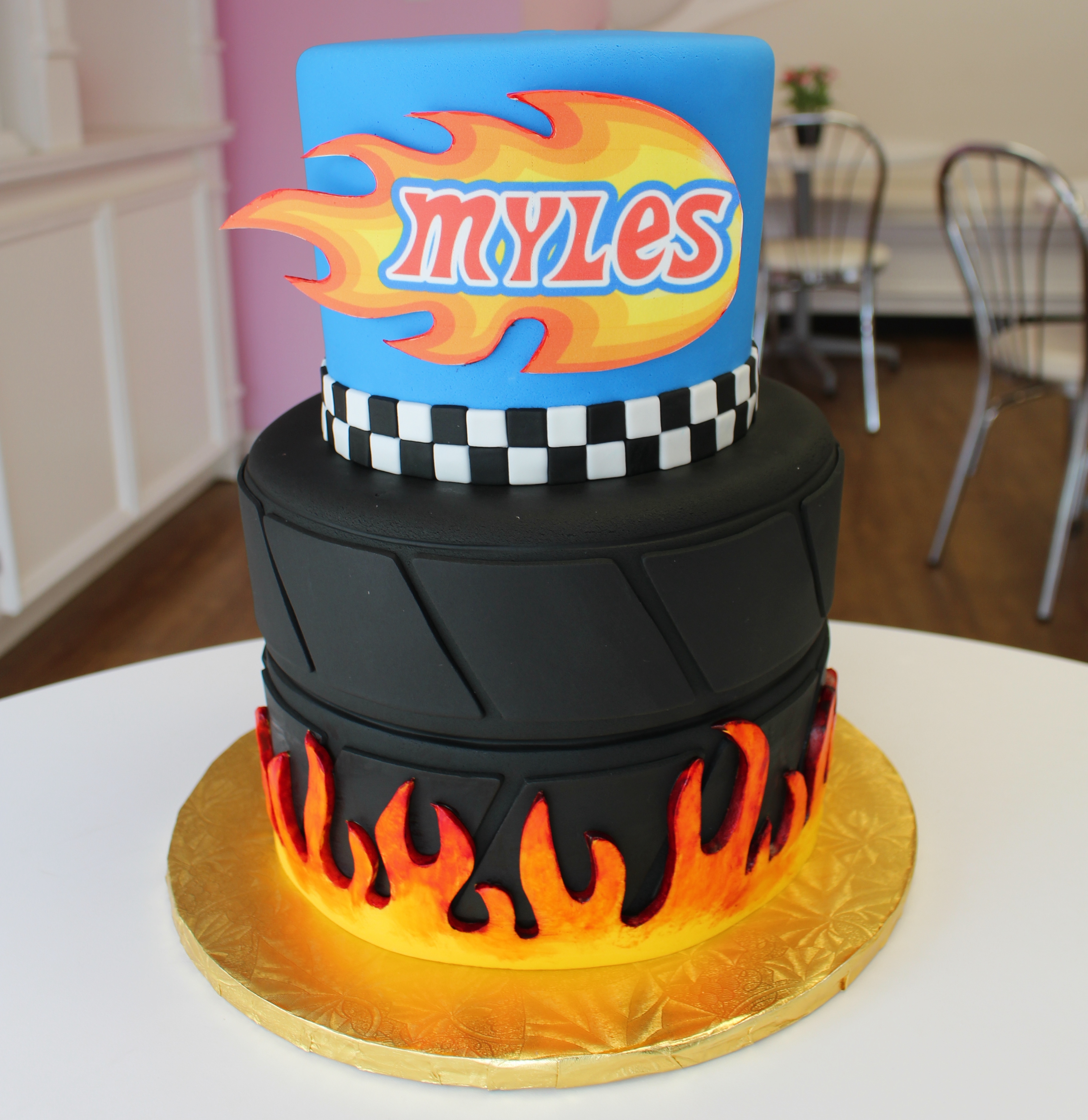 Two Tier Racing Theme Kids Birthday Cake with Fondant Checkerboard and Flames
