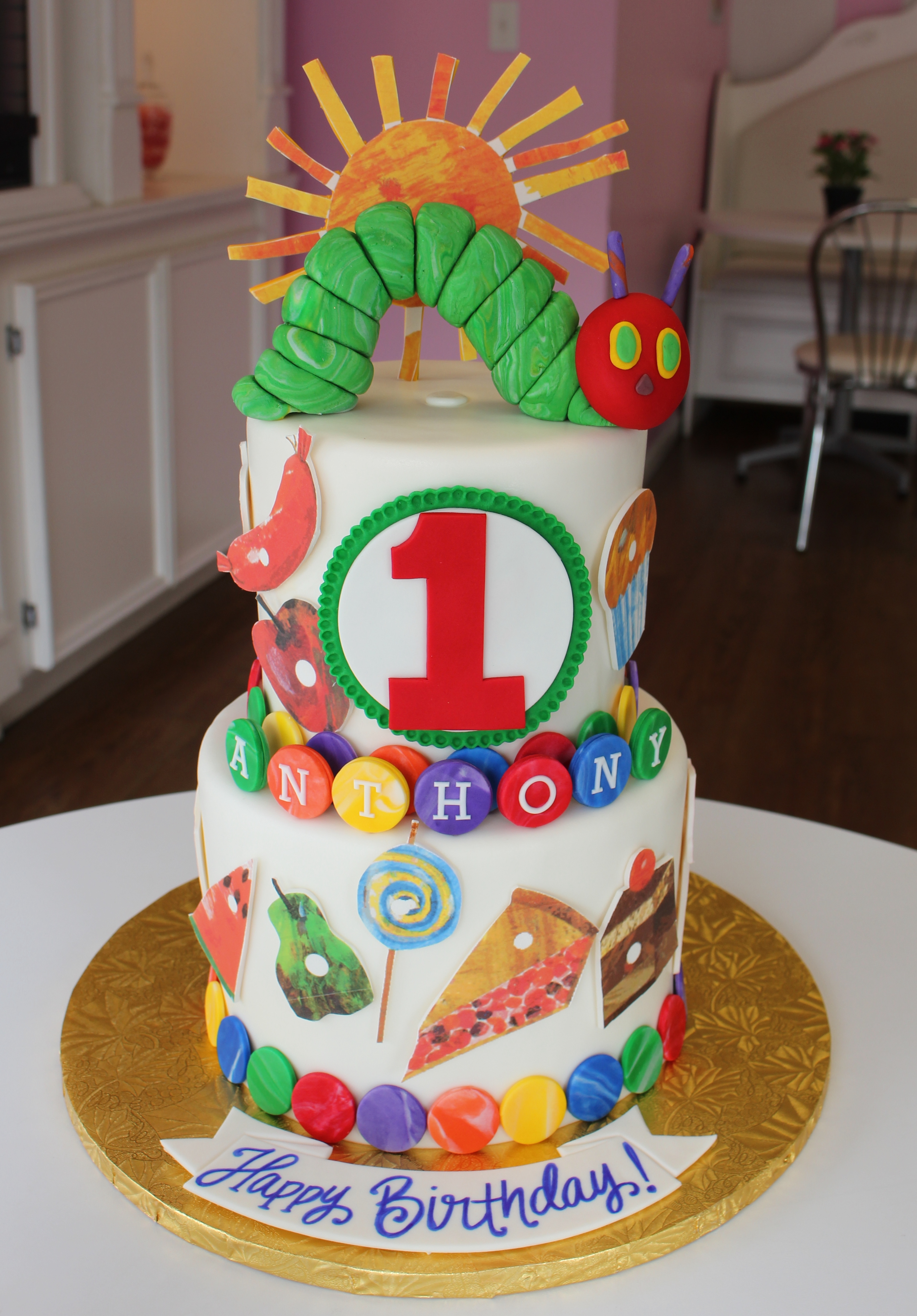 Two Tier The Very Hungry Caterpillar First Birthday Cake with Handmade Fondant Caterpillar