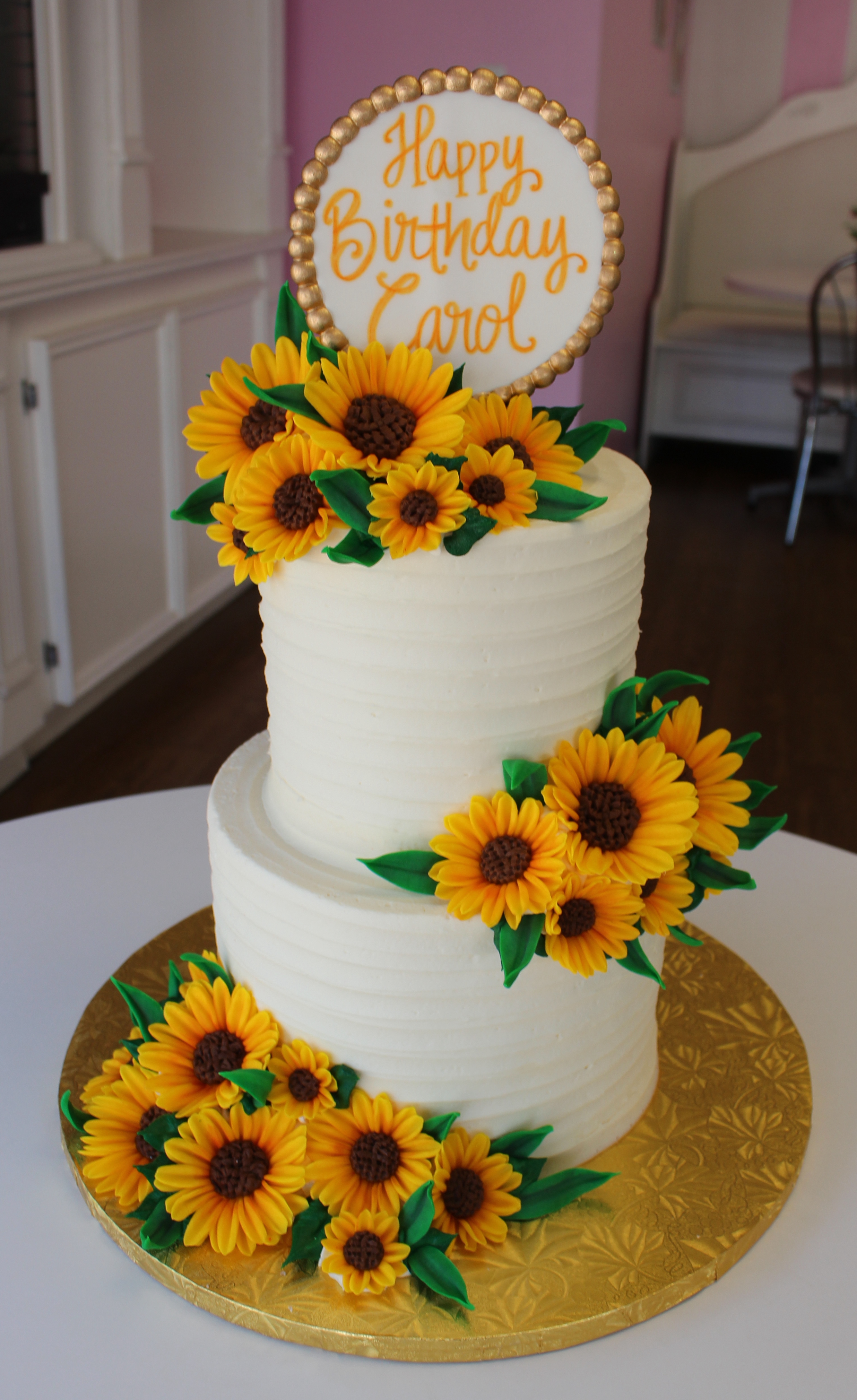 Two Tier White Sunflower Elegant Birthday Cake with Fondant Flowers and Leaves