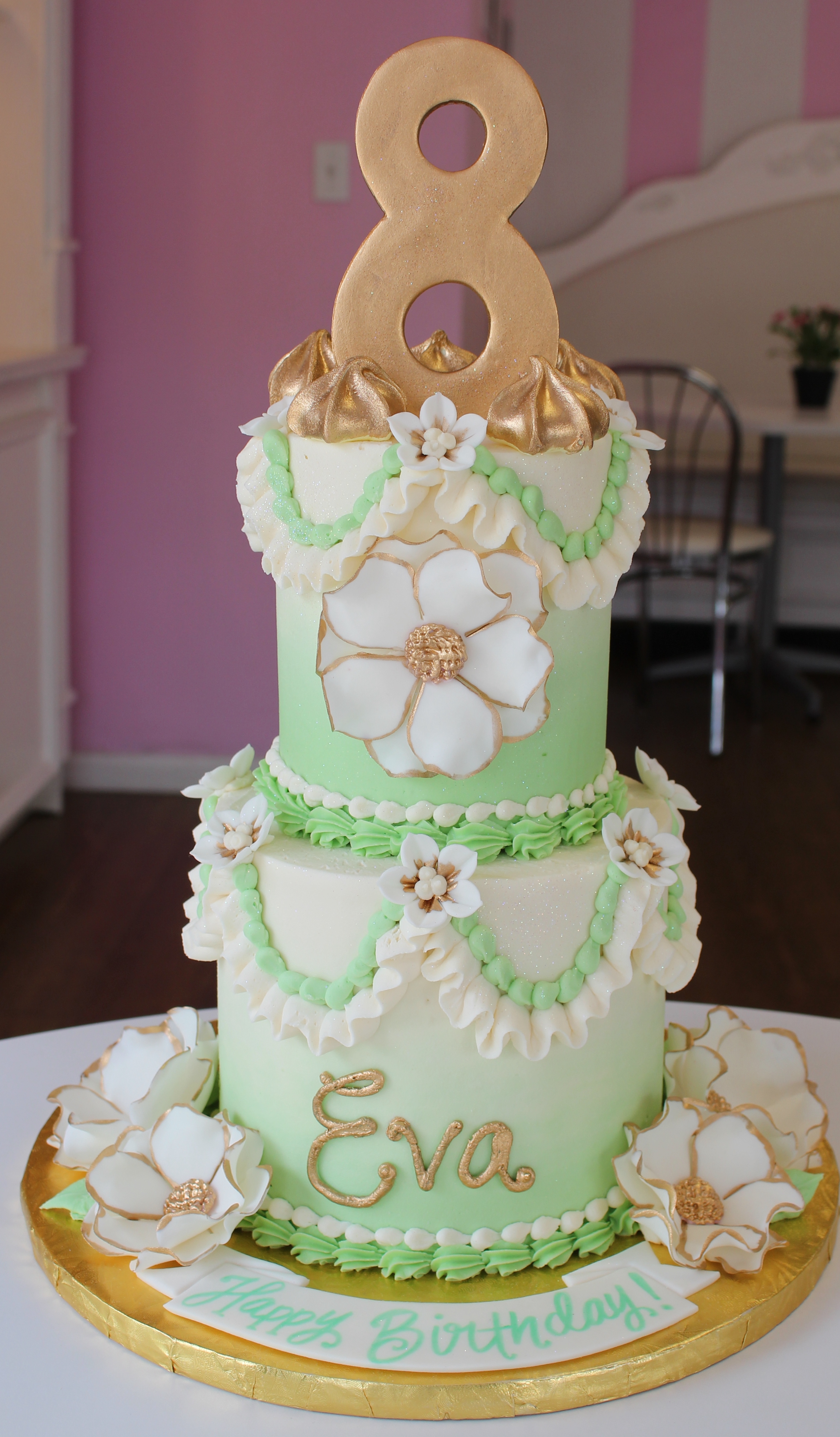 Two Tier White and Green Ombre Elegant Kids Birthday Cake with Vintage Hand Piping and Gold Fondant Number Topper