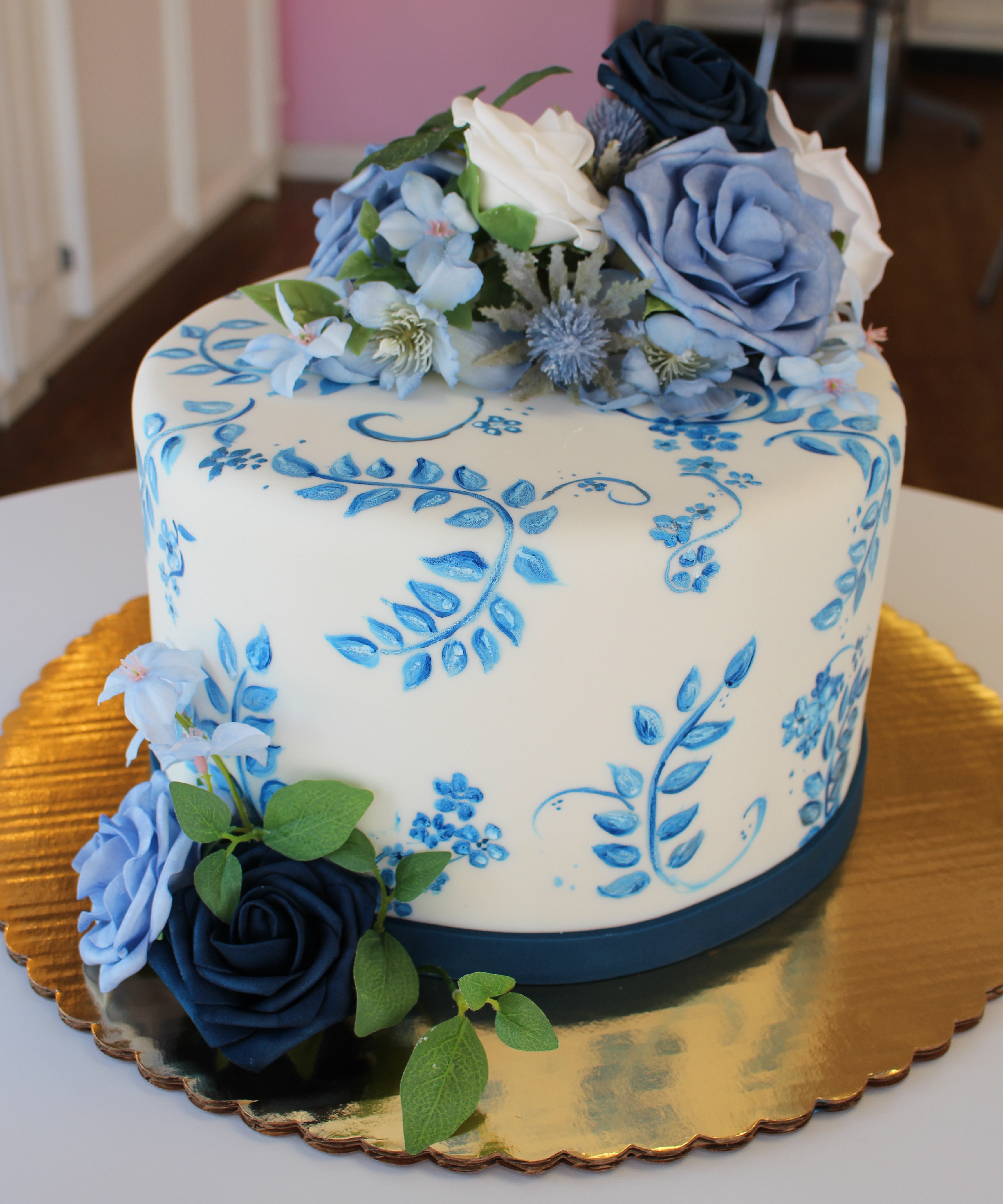 White Cake with Elegant Handpainted Blue Flowers