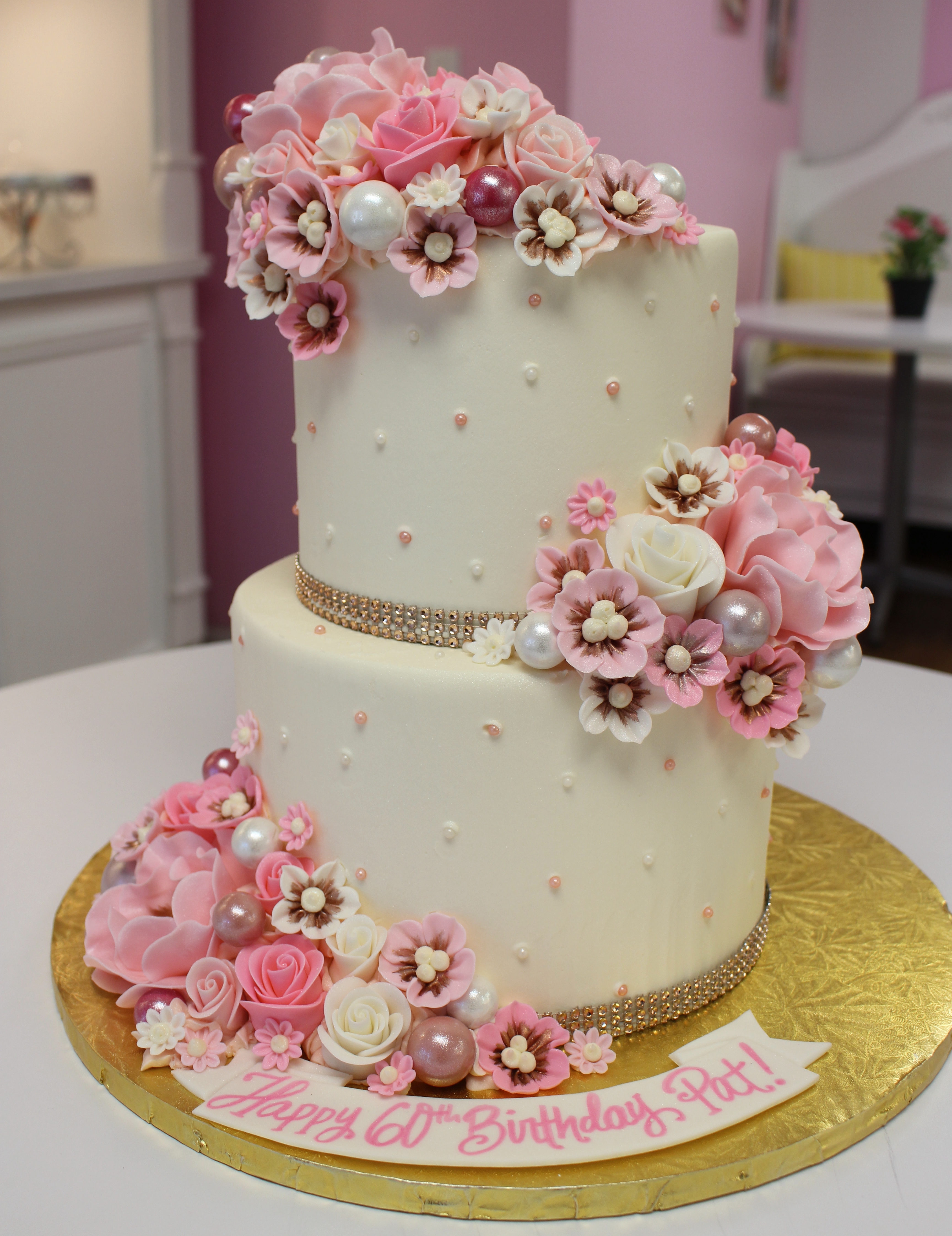 White Two Tier Elegant 60th Birthday Cake with Fondant Flowers and Bling Border