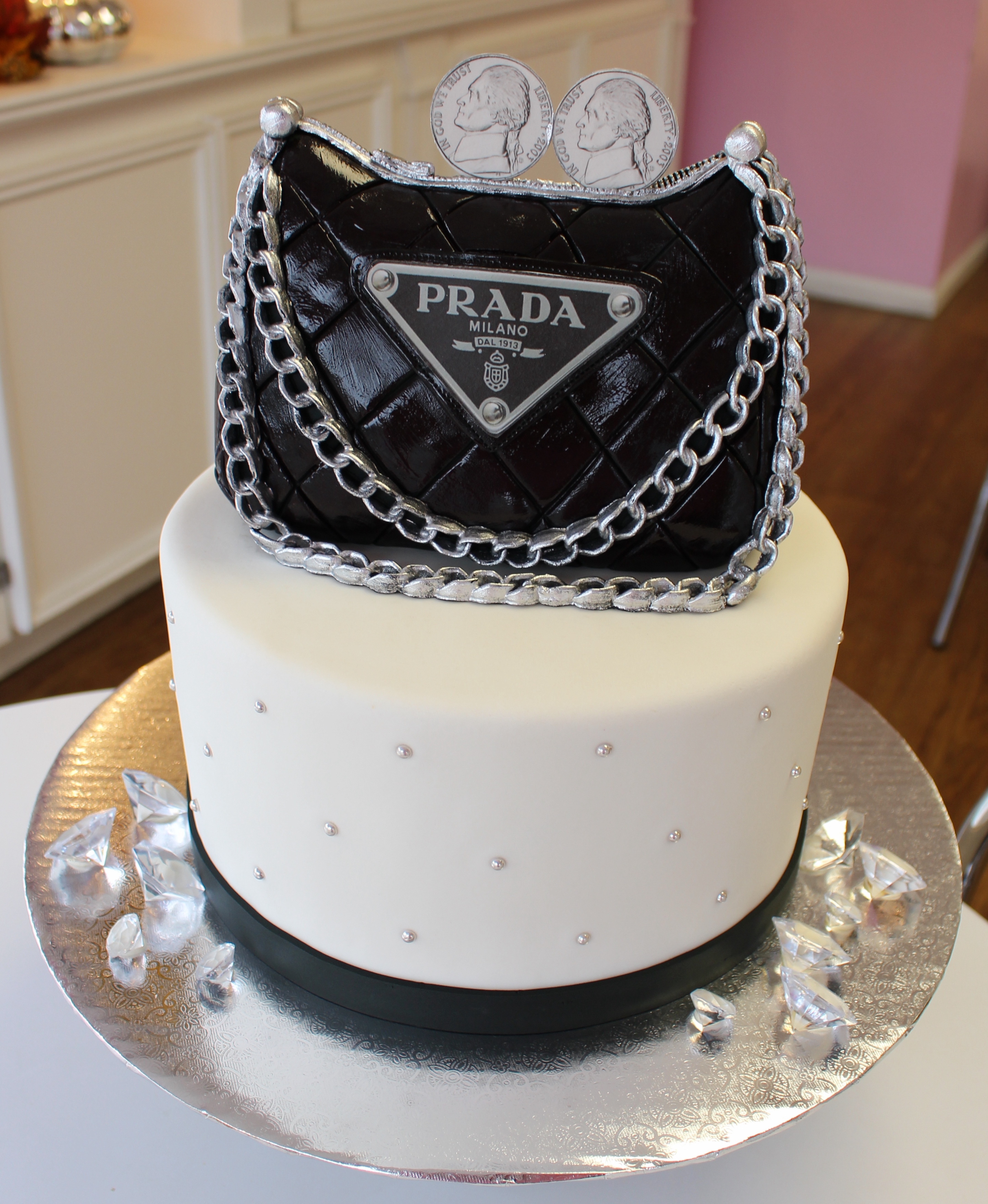 White and Black Prada Birthday Cake with Fondant Prada Bag and Decorative Diamonds