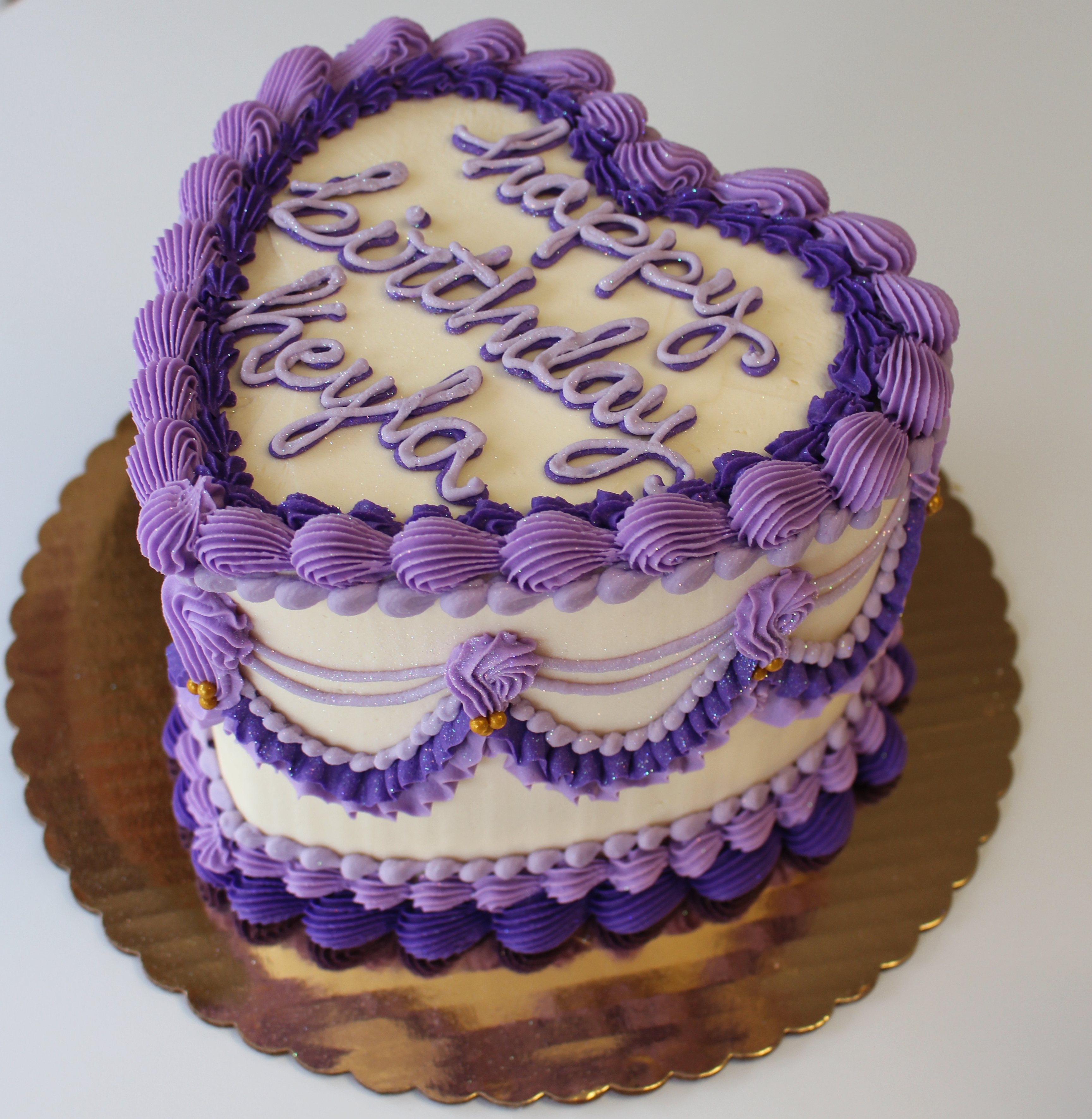 White and Purple Vintage Hand Piped Heart Cake with Hand Piped Inscription