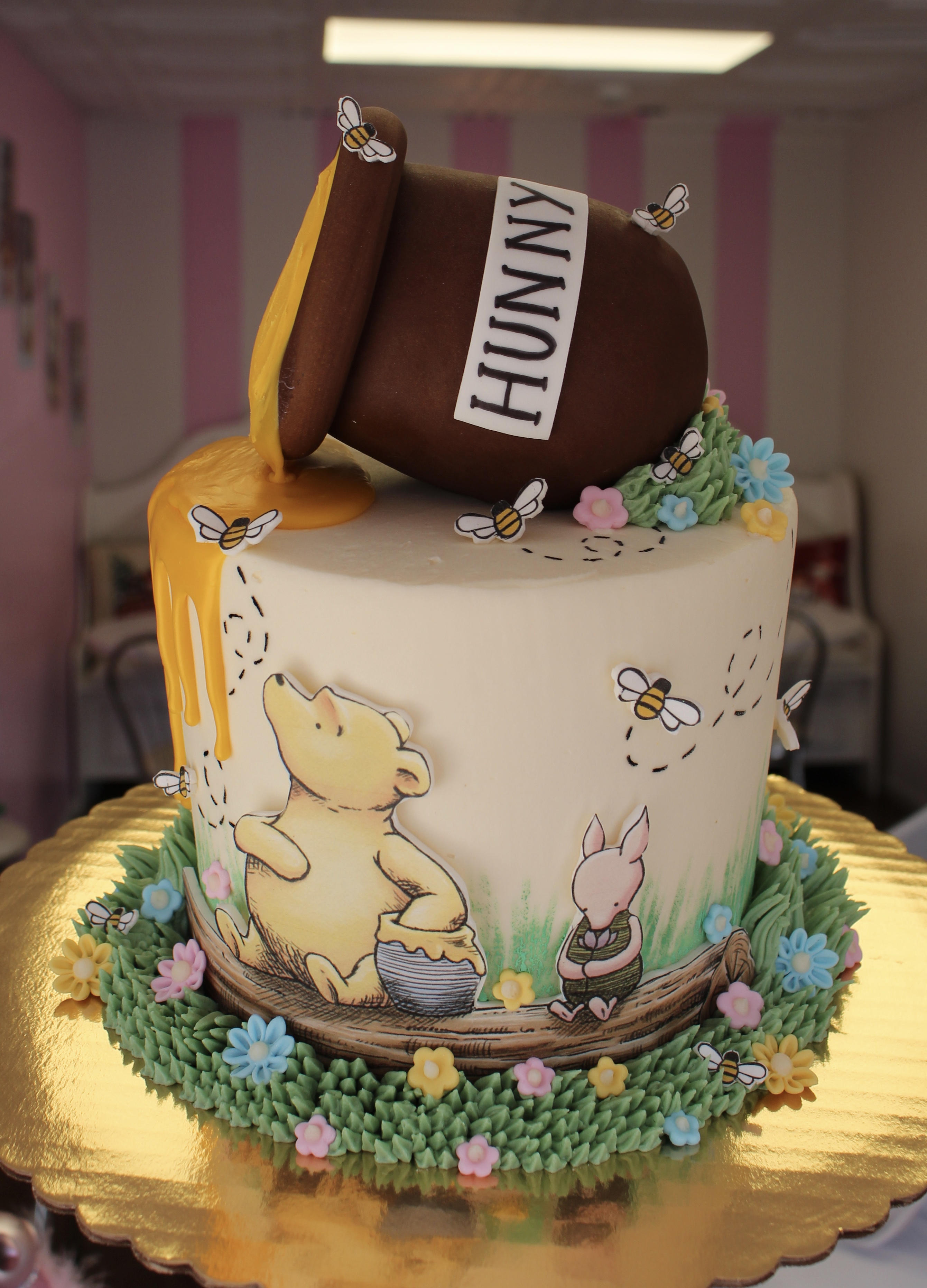 Winnie the Pooh Kids Birthday Cake with Piglet Bees Hadmade Fondant Flowers and Sculpted Honey Pot on Top