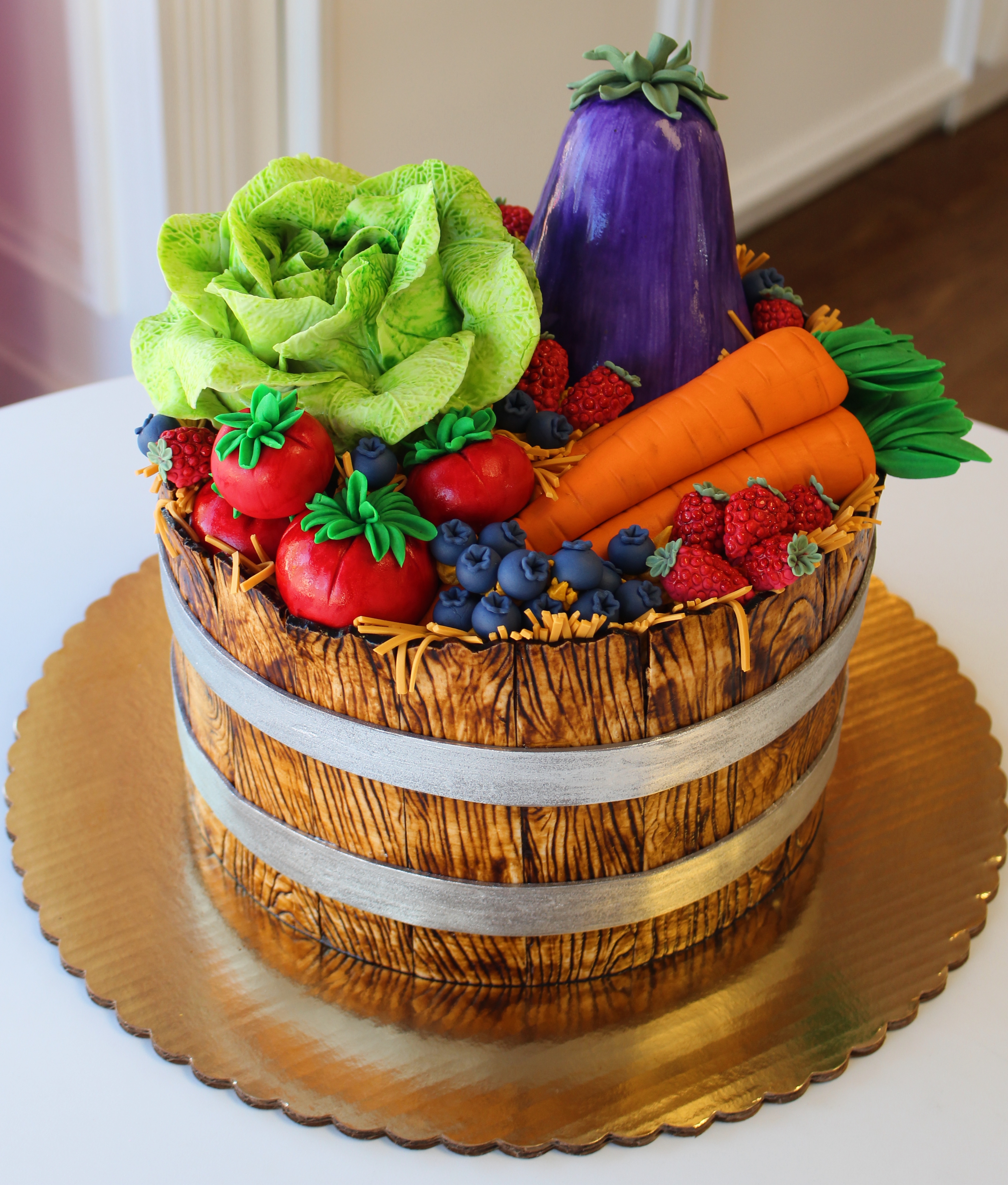 Wooden Basket Cake with Handmade Fondant Fruits Vegatables