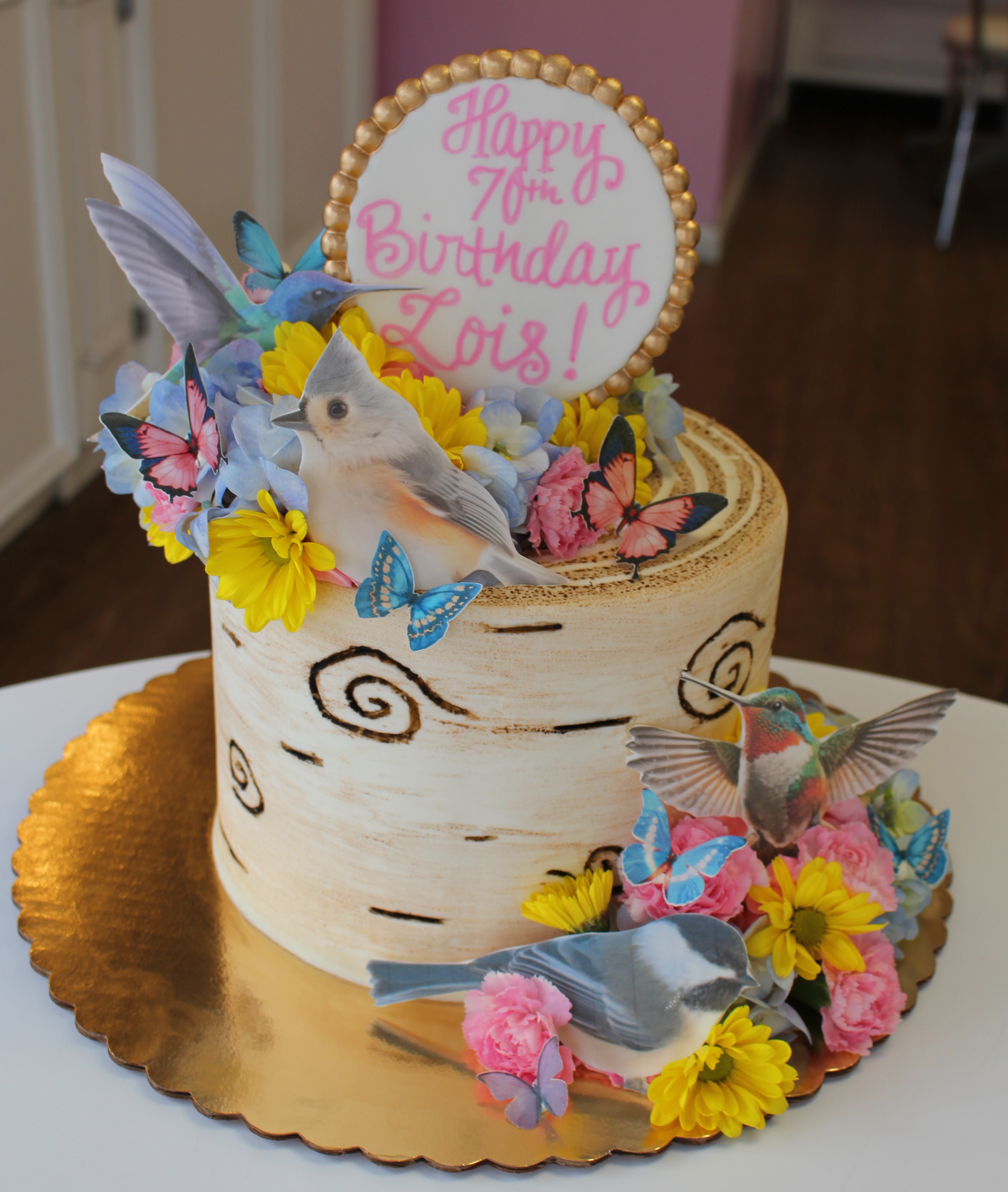 Woodland Birds and Butterflies Theme Cake with Real Flowers and Fondant Birds