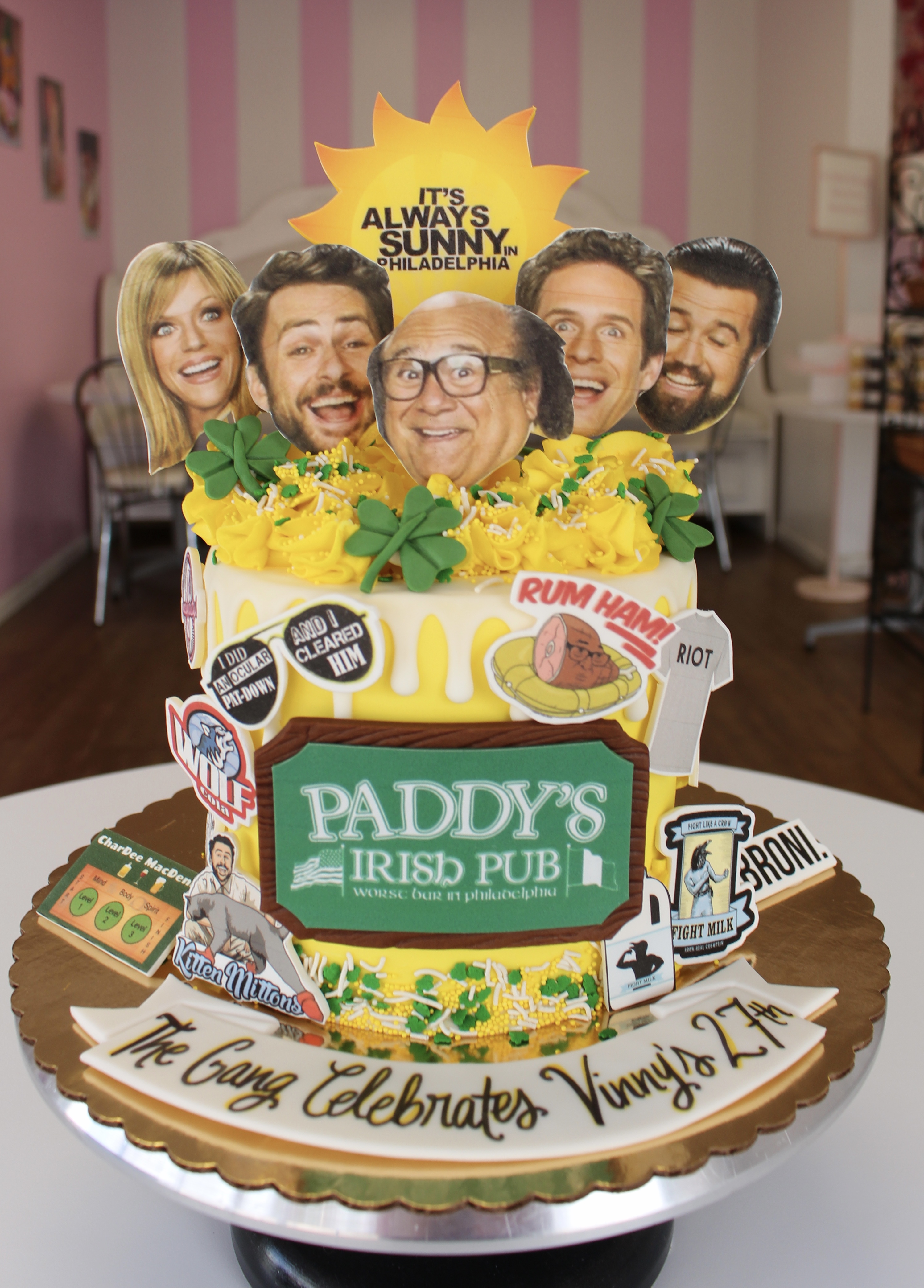 Yellow It's Always Sunny in Philadelphia Themed Drip Cake with Fondant Clovers and Edible Images