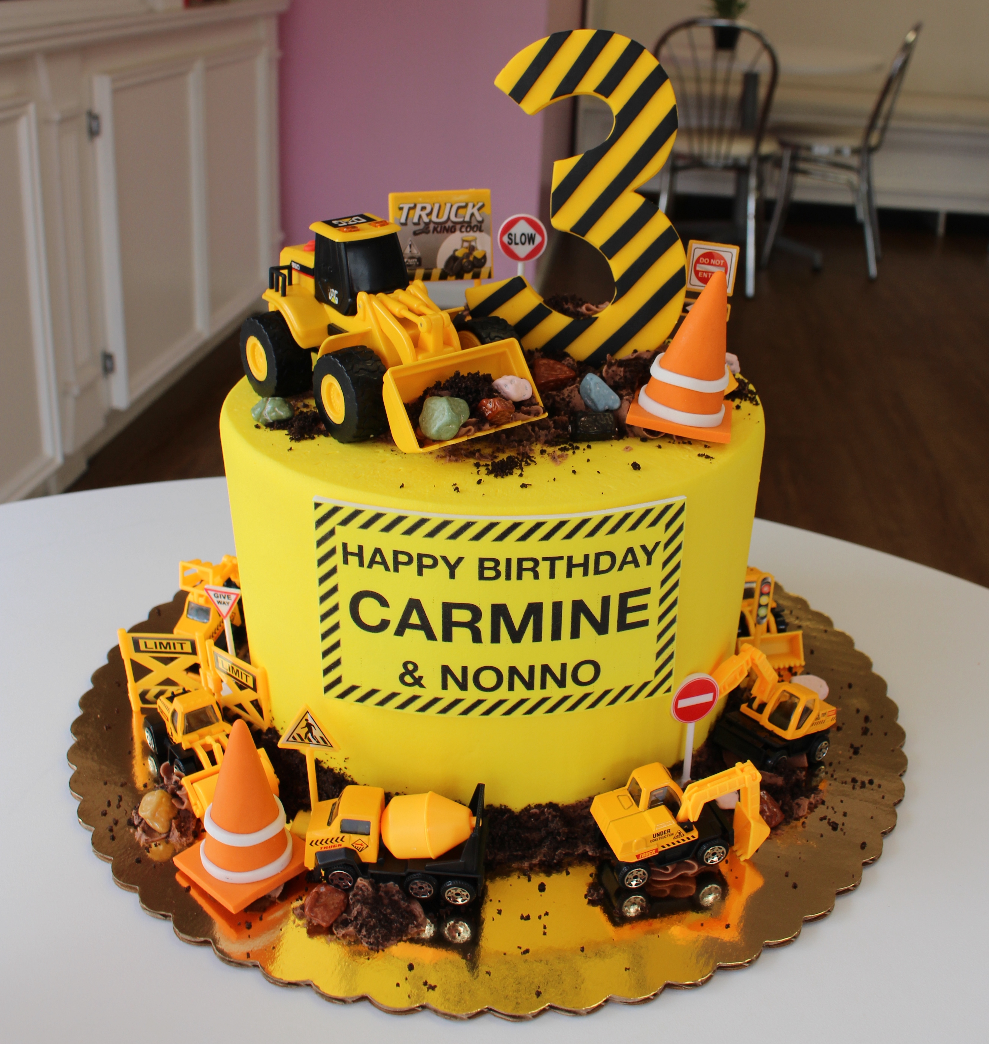 Yellow and Black Construction Theme Boys Birthday Cake with Fondant Traffic Cones and Toy F